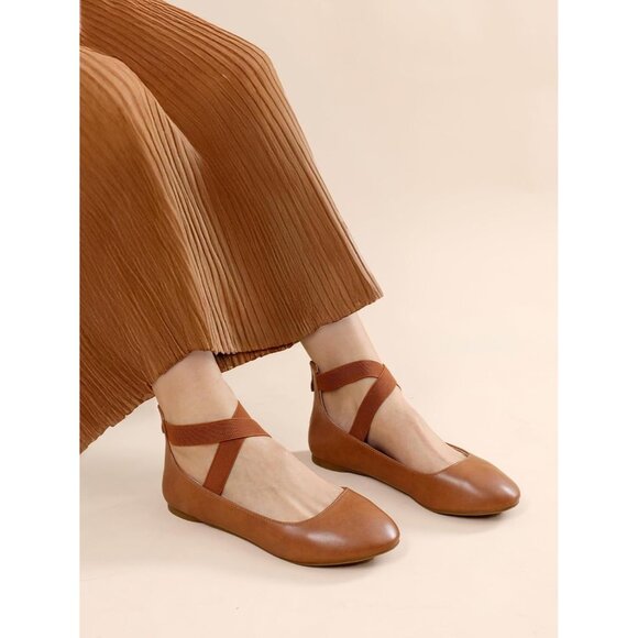 Dream Pairs Women Tan/Pu Faux Suede Flats Comfortable Elastic Ankle Straps Shoes - Picture 6 of 8